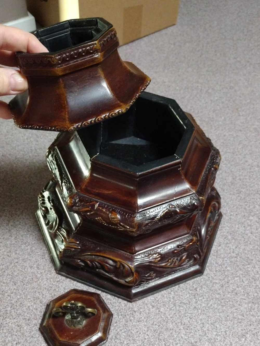 RARE Vintage Ornate Brown Decorative Wood Carved Accent Stash Box Brass Finial
